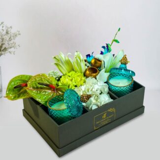 box bouquet of anthurium, hydrangeas, orchids, lilies & carnations