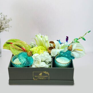 box bouquet of anthurium, hydrangeas, orchids, lilies & carnations
