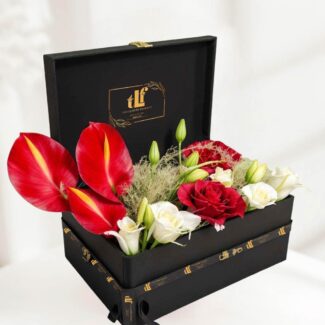 carnation, lily and rose box bouquet
