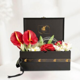 carnation, lily and rose box bouquet