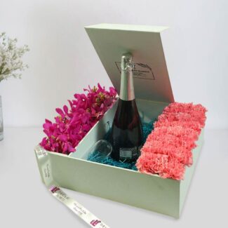 champagne box with carnations & orchids