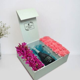 champagne box with carnations & orchids