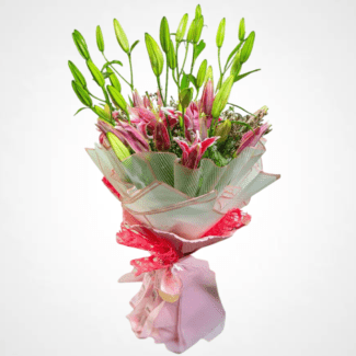 pink lily and limonium bouquet