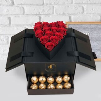 red roses heart box bouquet