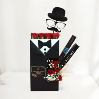 red roses tux box bouquet