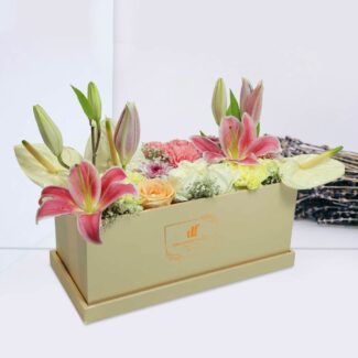 rose, carnation & lily box bouquet