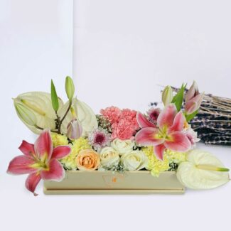rose, carnation & lily box bouquet