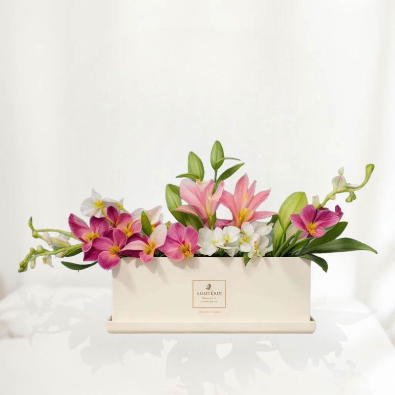 rose, orchids & lilies cuboid box bouquet