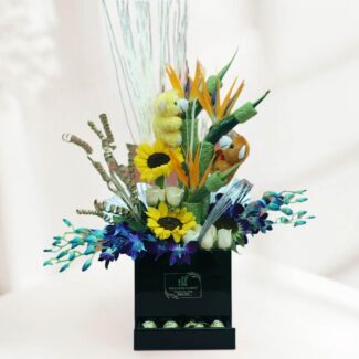 roses, orchids and sunflower bouquet