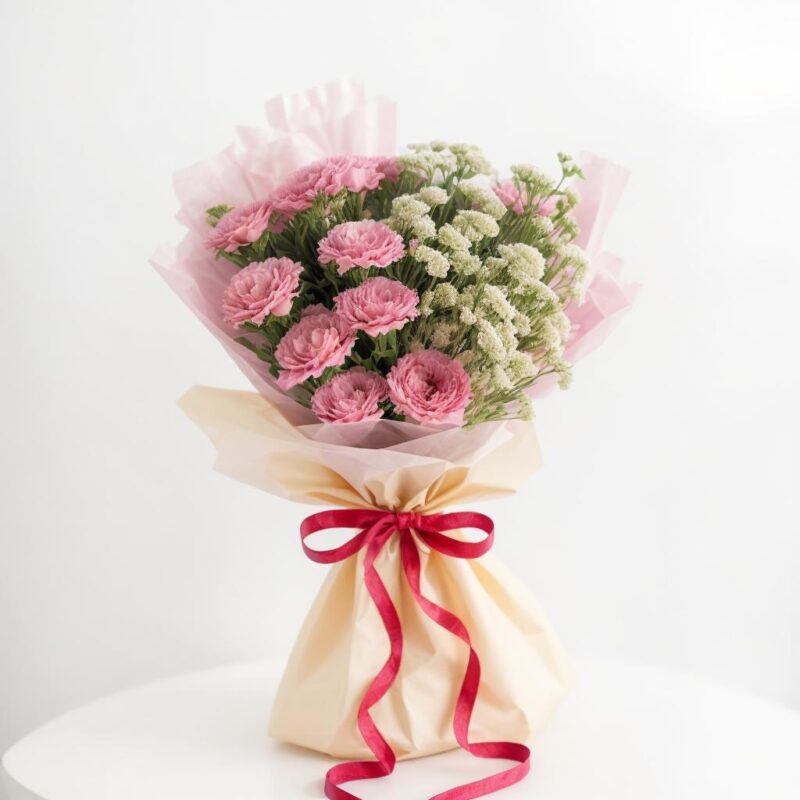 pink carnations and statice bouquet