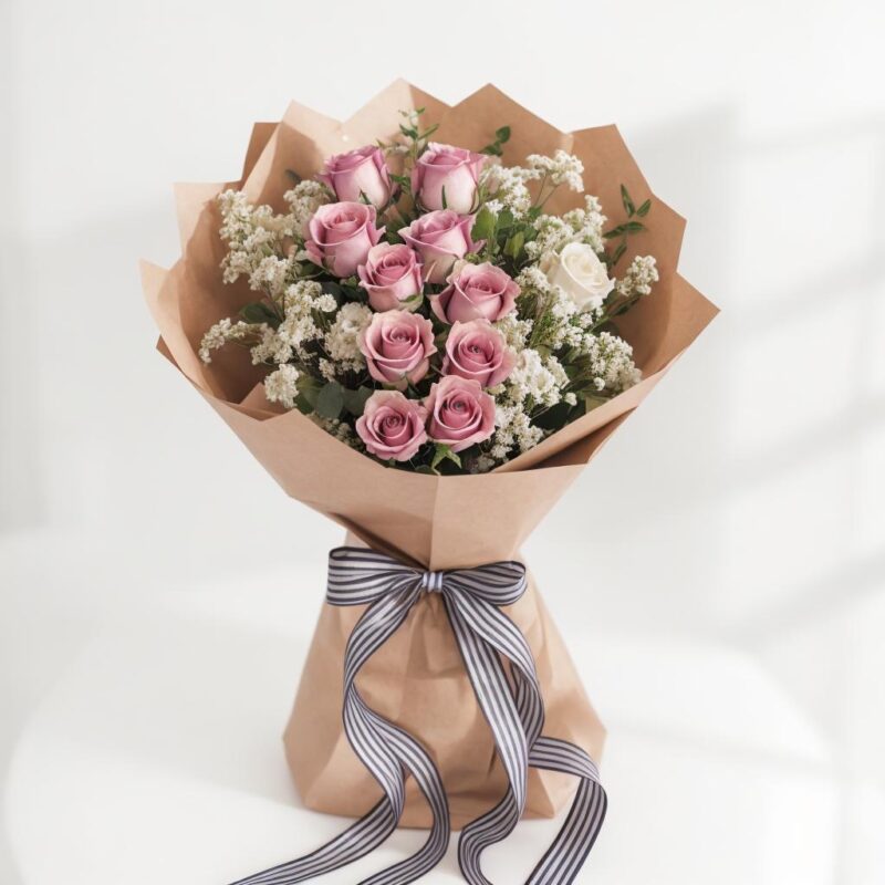 pink roses and statice bouquet